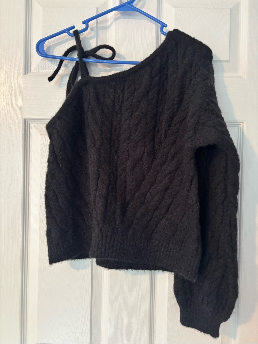 wild fable Black Off-Shoulder Cable Knit Sweater with Tie